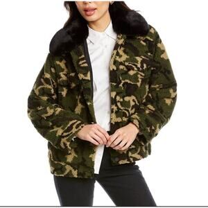 NEW Jocelyn Womens S Sherpa Trucker Jacket Faux‎ Fur Collar Camo Green Black